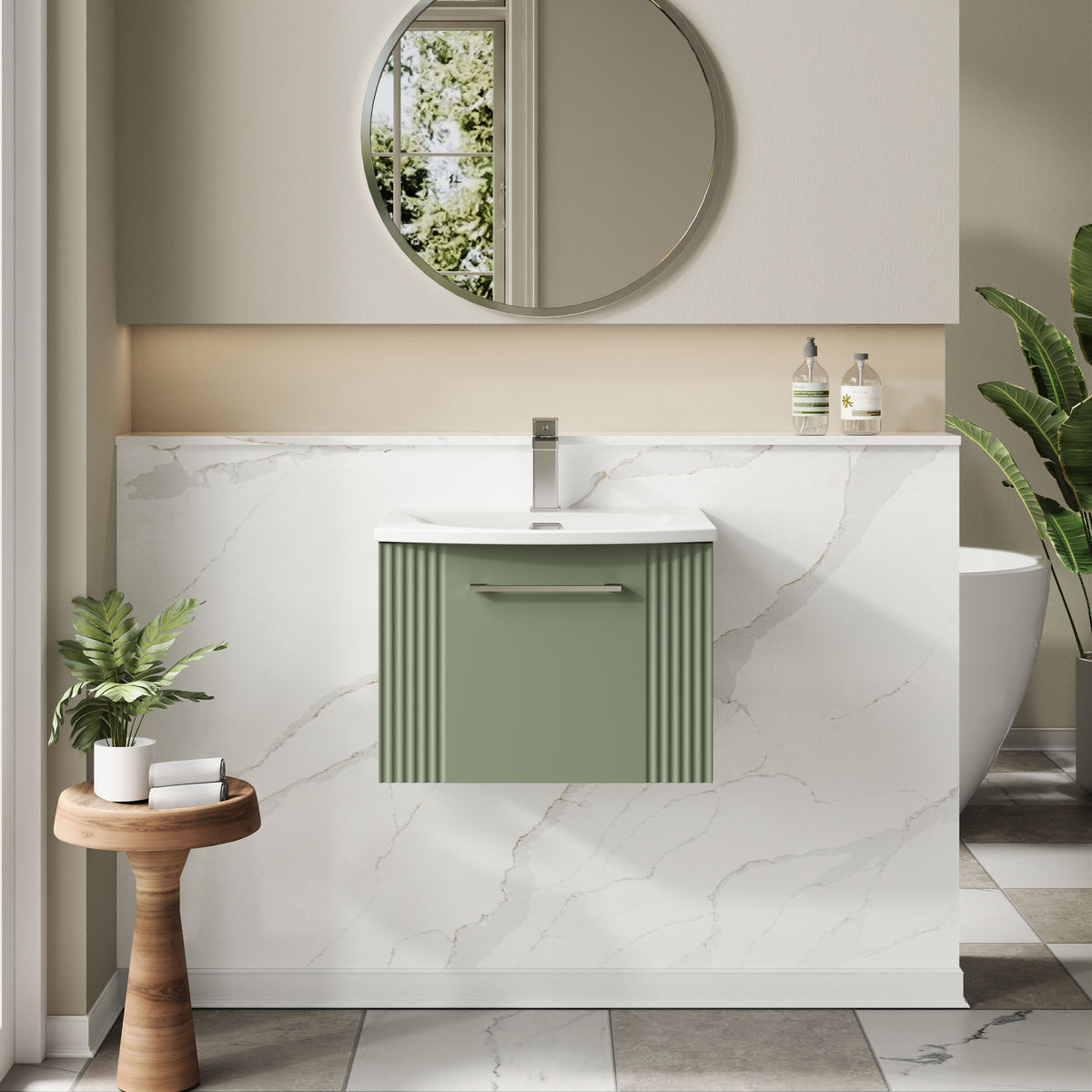 Modern Splash 500mm Satin Green 1 Drawer Wall Hung Vanity Unit With Curved Basin