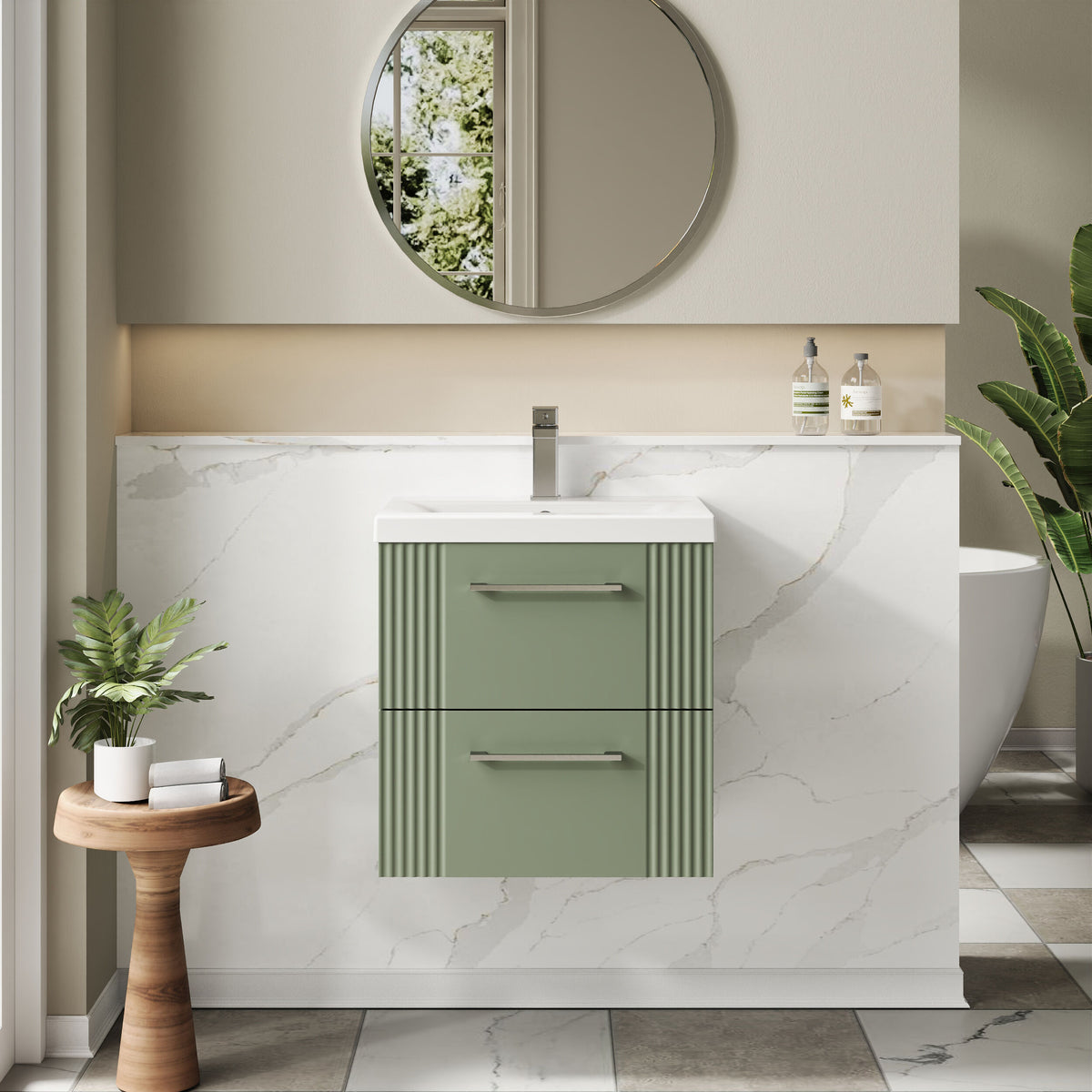 Modern Splash 500mm Satin Green 2 Drawer Wall Hung Vanity Unit With Mid-Edge Basin