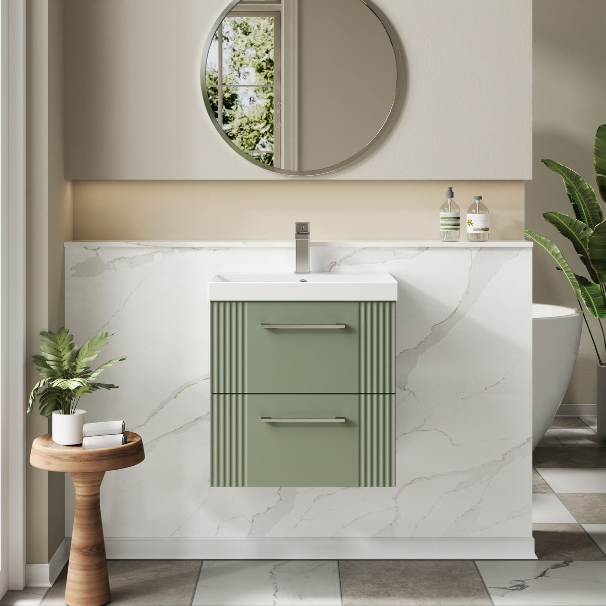 Modern Splash 500mm Satin Green 2 Drawer Wall Hung Vanity Unit With Thin Edge Basin