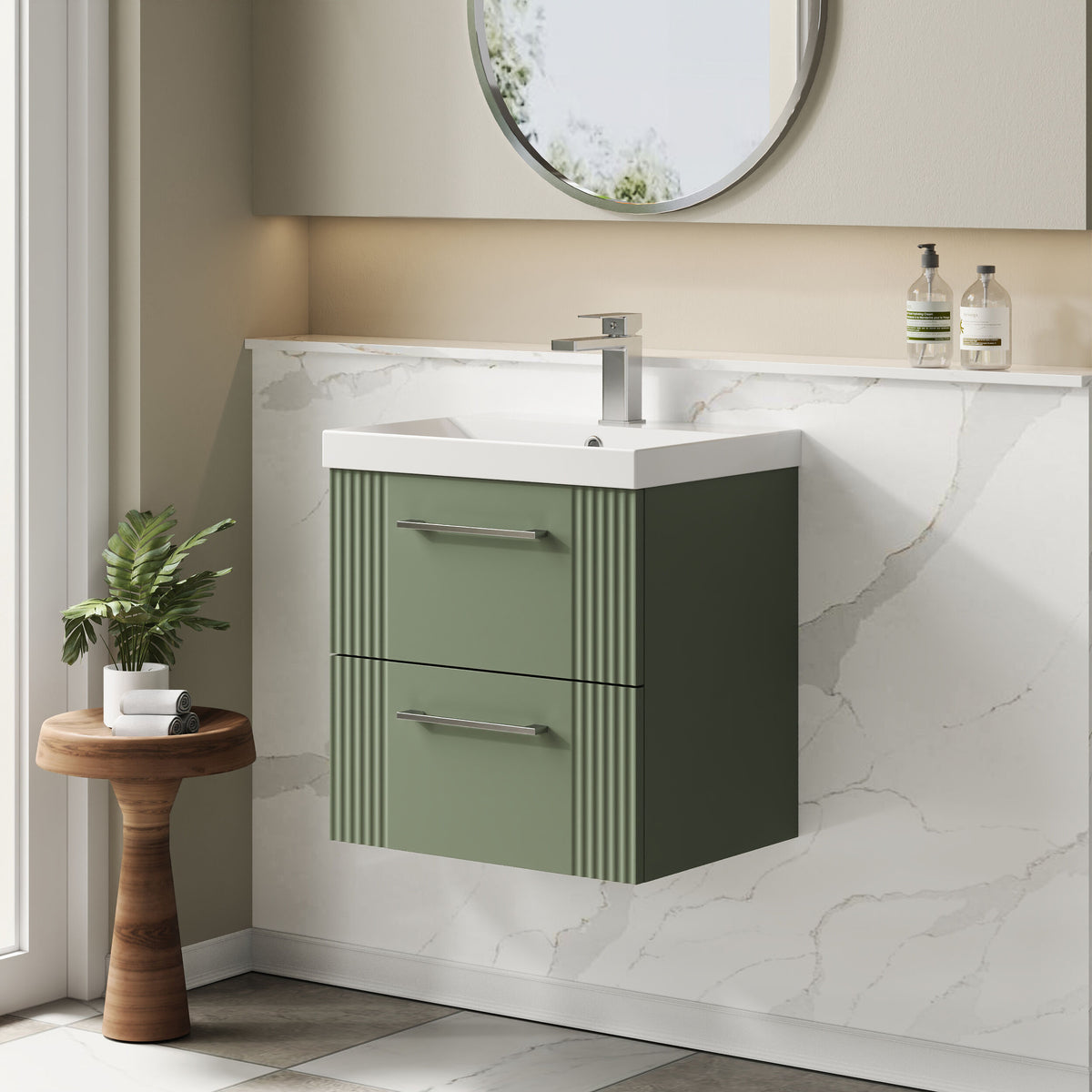 Modern Splash 500mm Satin Green 2 Drawer Wall Hung Vanity Unit With Thin Edge Basin