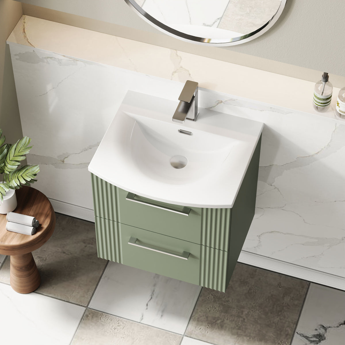 Modern Splash 500mm Satin Green 2 Drawer Wall Hung Vanity Unit With Curved Basin