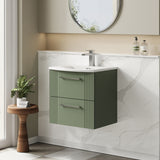Modern Splash 500mm Satin Green 2 Drawer Wall Hung Vanity Unit With Curved Basin