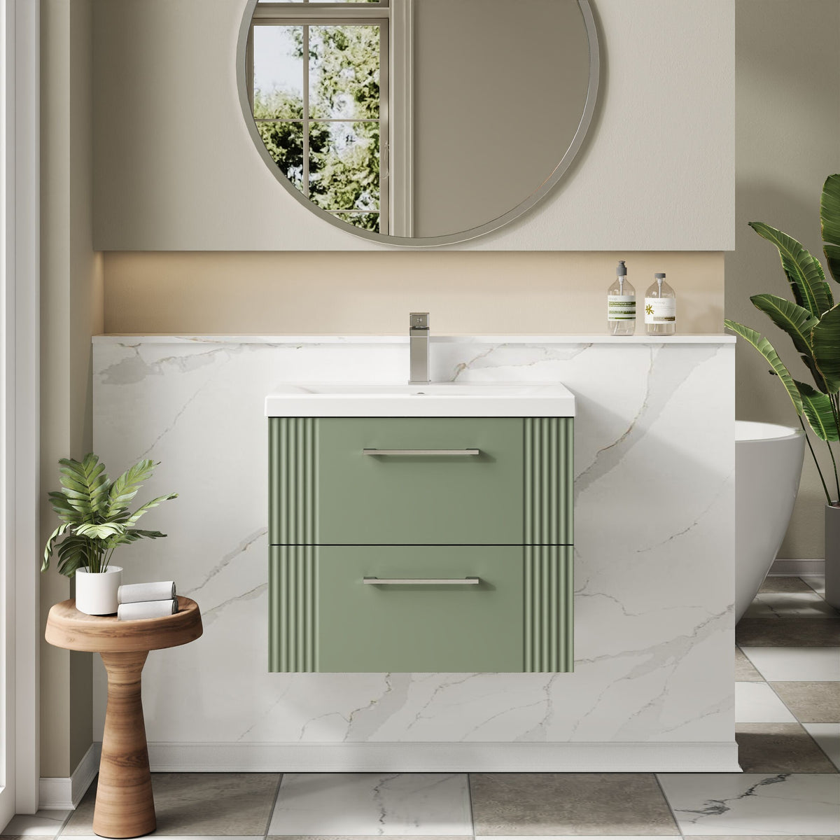 Modern Splash 600mm Satin Green 2 Drawer Wall Hung Vanity Unit With Mid-Edge Basin