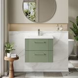 Modern Splash 600mm Satin Green 2 Drawer Wall Hung Vanity Unit With Mid-Edge Basin
