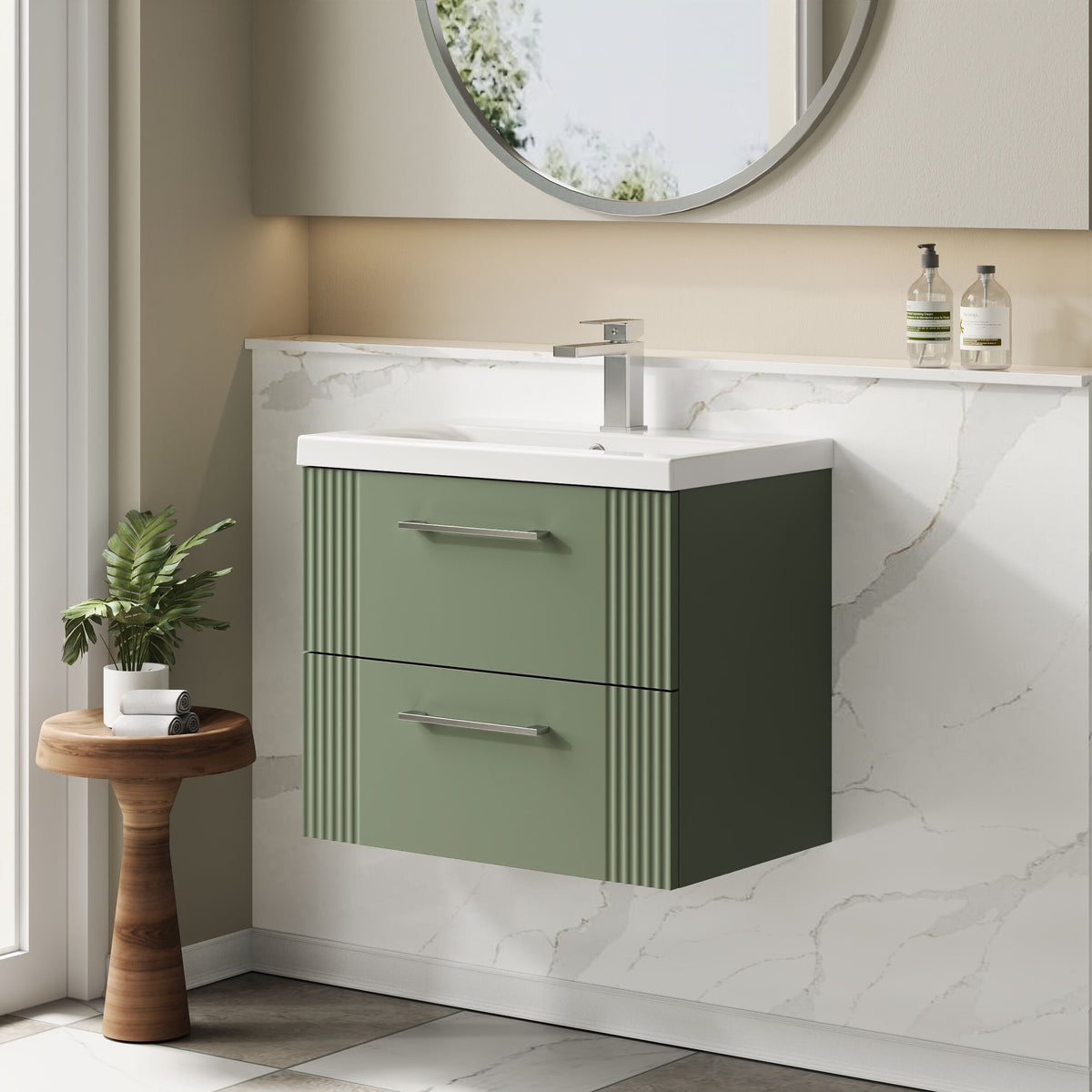 Modern Splash 600mm Satin Green 2 Drawer Wall Hung Vanity Unit With Mid-Edge Basin