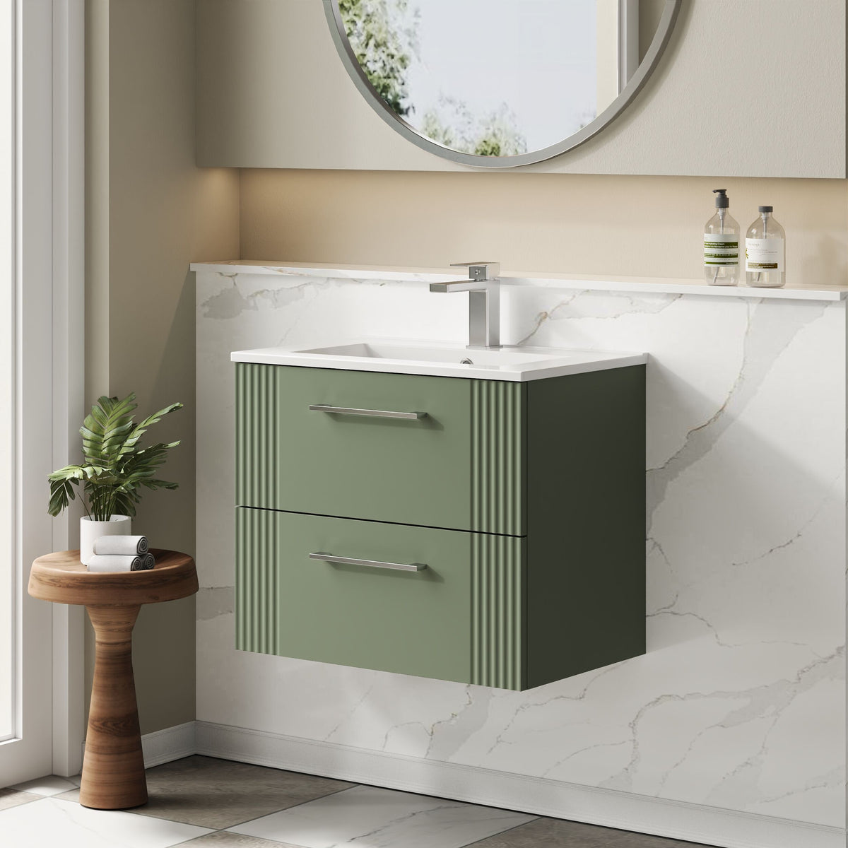 Modern Splash 600mm Satin Green 2 Drawer Wall Hung Vanity Unit With Minimalist Basin