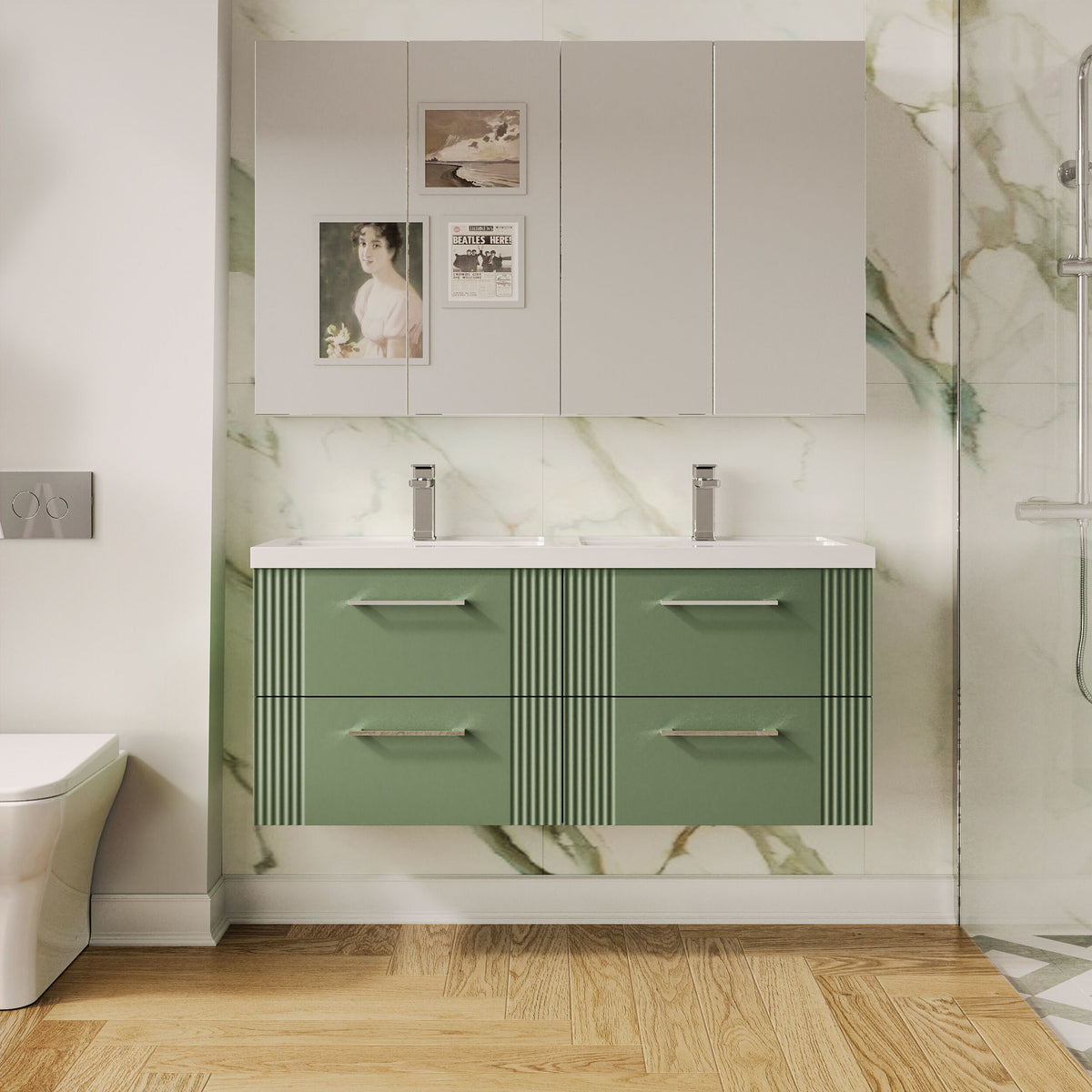Modern Splash 1200mm Satin Green 4 Drawer Wall Hung Vanity Unit With 2 Tap Hole Polymarble basin