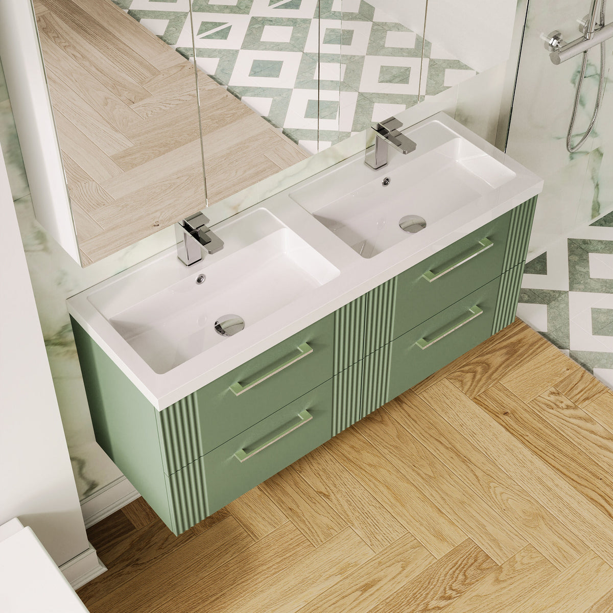 Modern Splash 1200mm Satin Green 4 Drawer Wall Hung Vanity Unit With 2 Tap Hole Polymarble basin