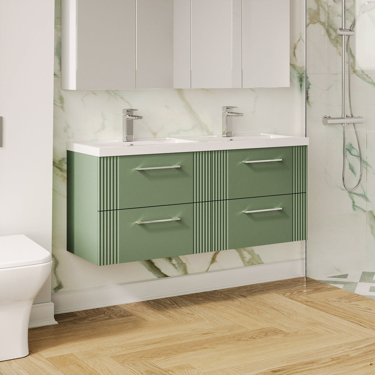 Modern Splash 1200mm Satin Green 4 Drawer Wall Hung Vanity Unit With 2 Tap Hole Polymarble basin