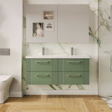 Modern Splash 1200mm Satin Green 4 Drawer Wall Hung Vanity Unit With 2 Tap Hole Ceramic Basin