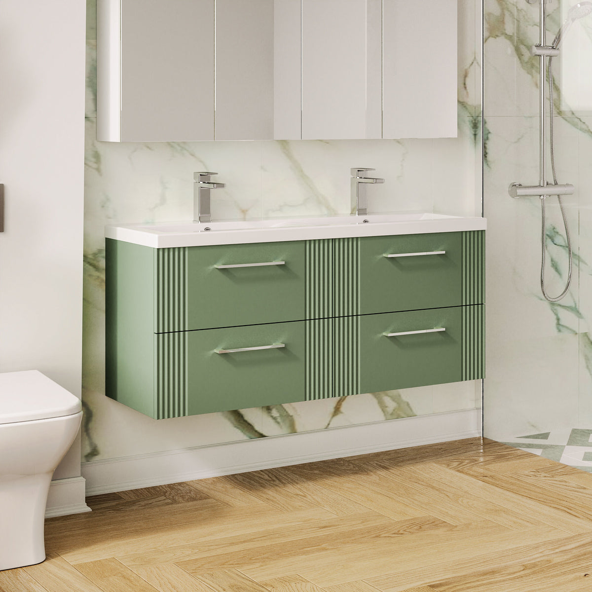Modern Splash 1200mm Satin Green 4 Drawer Wall Hung Vanity Unit With 2 Tap Hole Ceramic Basin