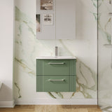 Modern Splash 600mm Satin Green 2 Drawer Wall Hung Vanity Unit With Curved Basin