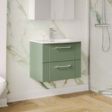 Modern Splash 600mm Satin Green 2 Drawer Wall Hung Vanity Unit With Curved Basin