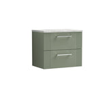 Modern Splash 600mm Satin Green 2 Drawer Wall Hung Vanity Unit With Bellato Grey Worktop