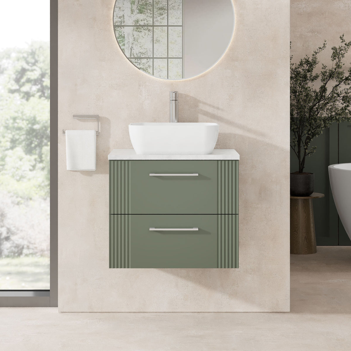 Modern Splash 600mm Satin Green 2 Drawer Wall Hung Vanity Unit With Bellato Grey Worktop