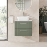 Modern Splash 600mm Satin Green 2 Drawer Wall Hung Vanity Unit With Bellato Grey Worktop
