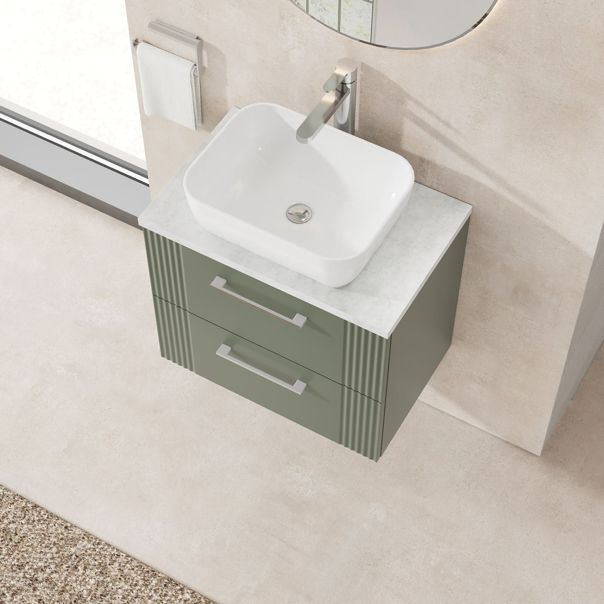 Modern Splash 600mm Satin Green 2 Drawer Wall Hung Vanity Unit With Bellato Grey Worktop