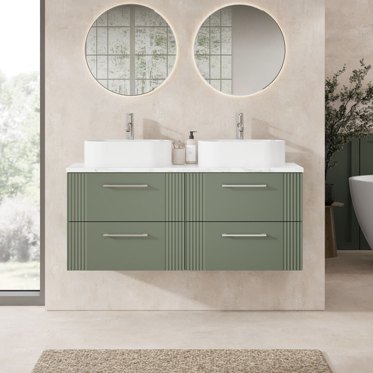 Modern Splash 1200mm Satin Green Fluted 4 Drawer Wall Hung Vanity With Carrara Laminate Worktop