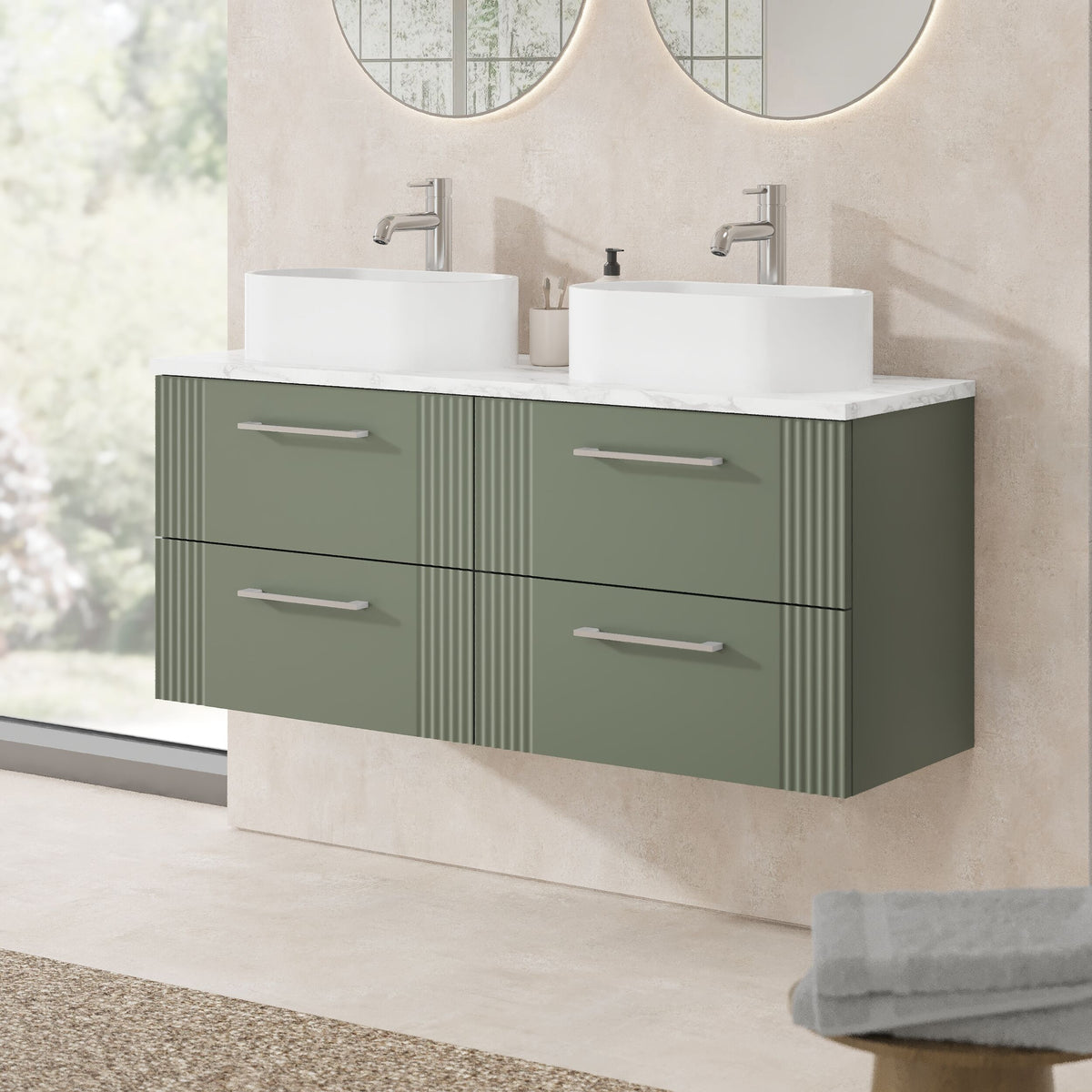 Modern Splash 1200mm Satin Green Fluted 4 Drawer Wall Hung Vanity With Carrara Laminate Worktop