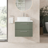 Modern Splash 600mm Satin Green Fluted 2 Drawer Wall Hung Vanity Unit With Carrara Laminate Worktop