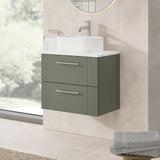 Modern Splash 600mm Satin Green Fluted 2 Drawer Wall Hung Vanity Unit With Carrara Laminate Worktop