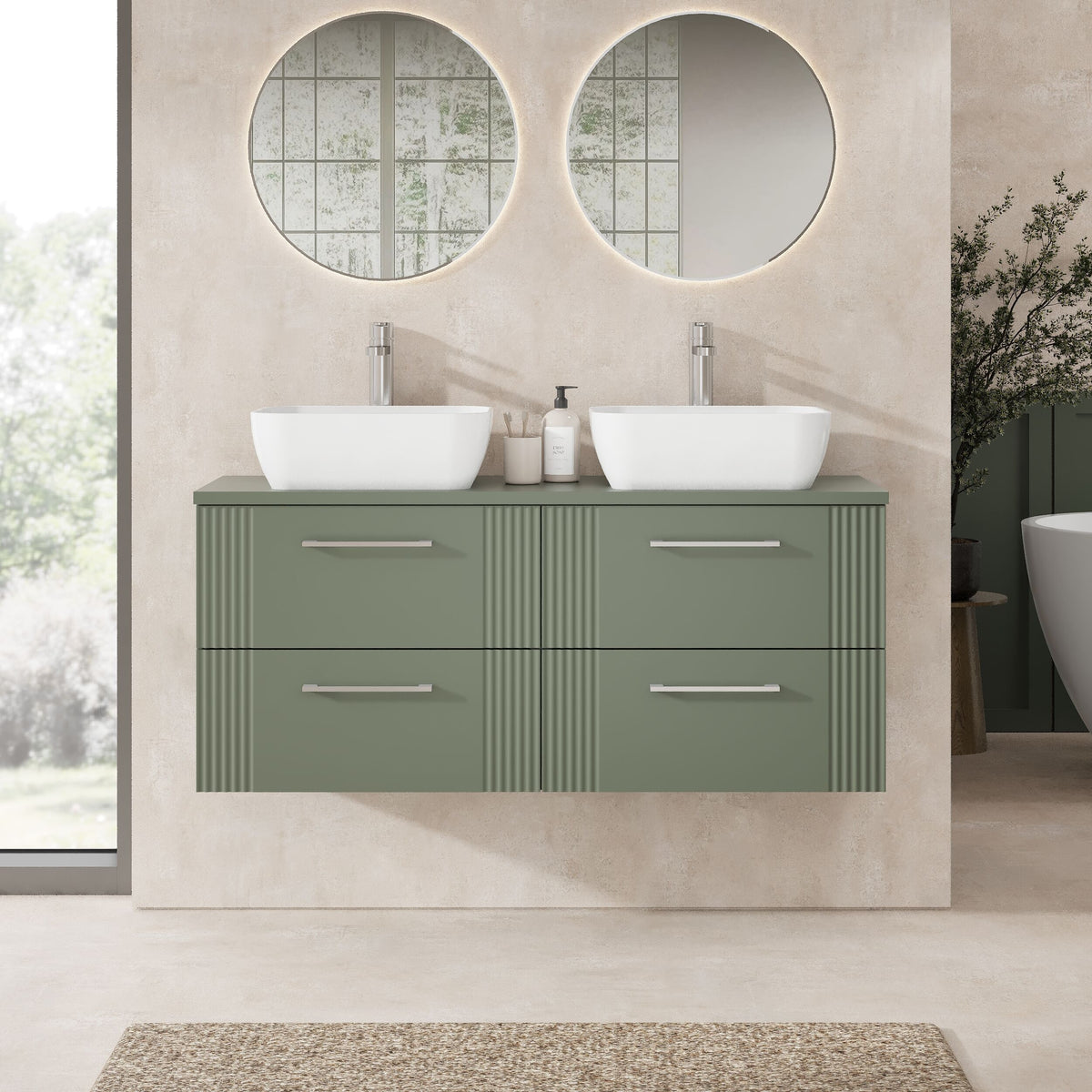 Modern Splash 1205mm Satin Green  4 Drawer Wall Hung Vanity Unit With Co-ordinating Worktop