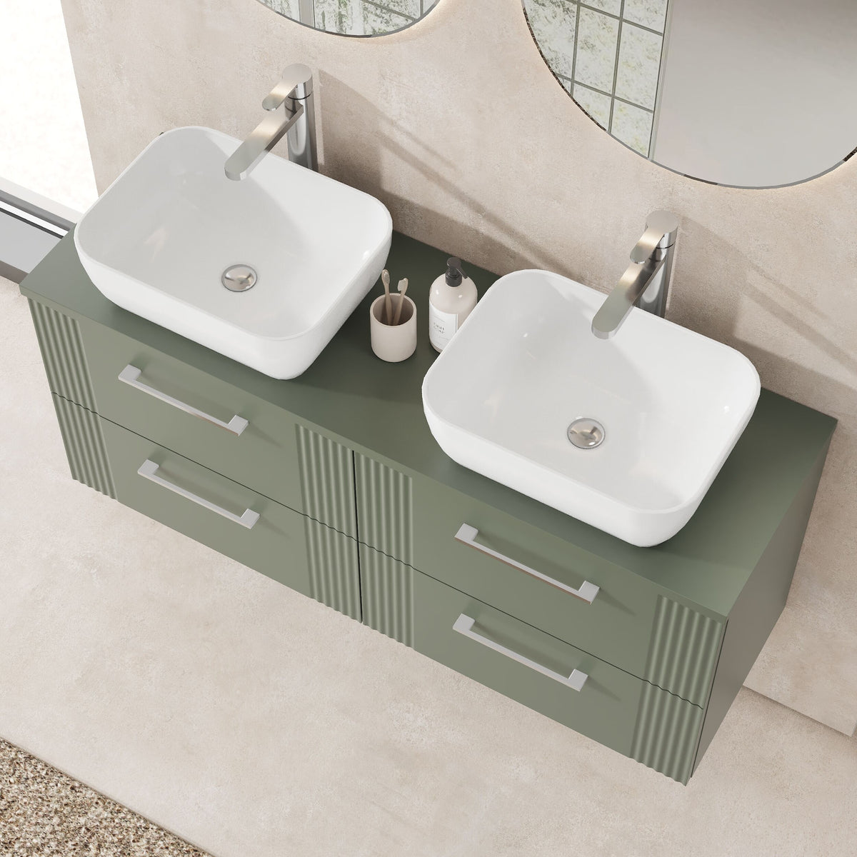 Modern Splash 1205mm Satin Green  4 Drawer Wall Hung Vanity Unit With Co-ordinating Worktop