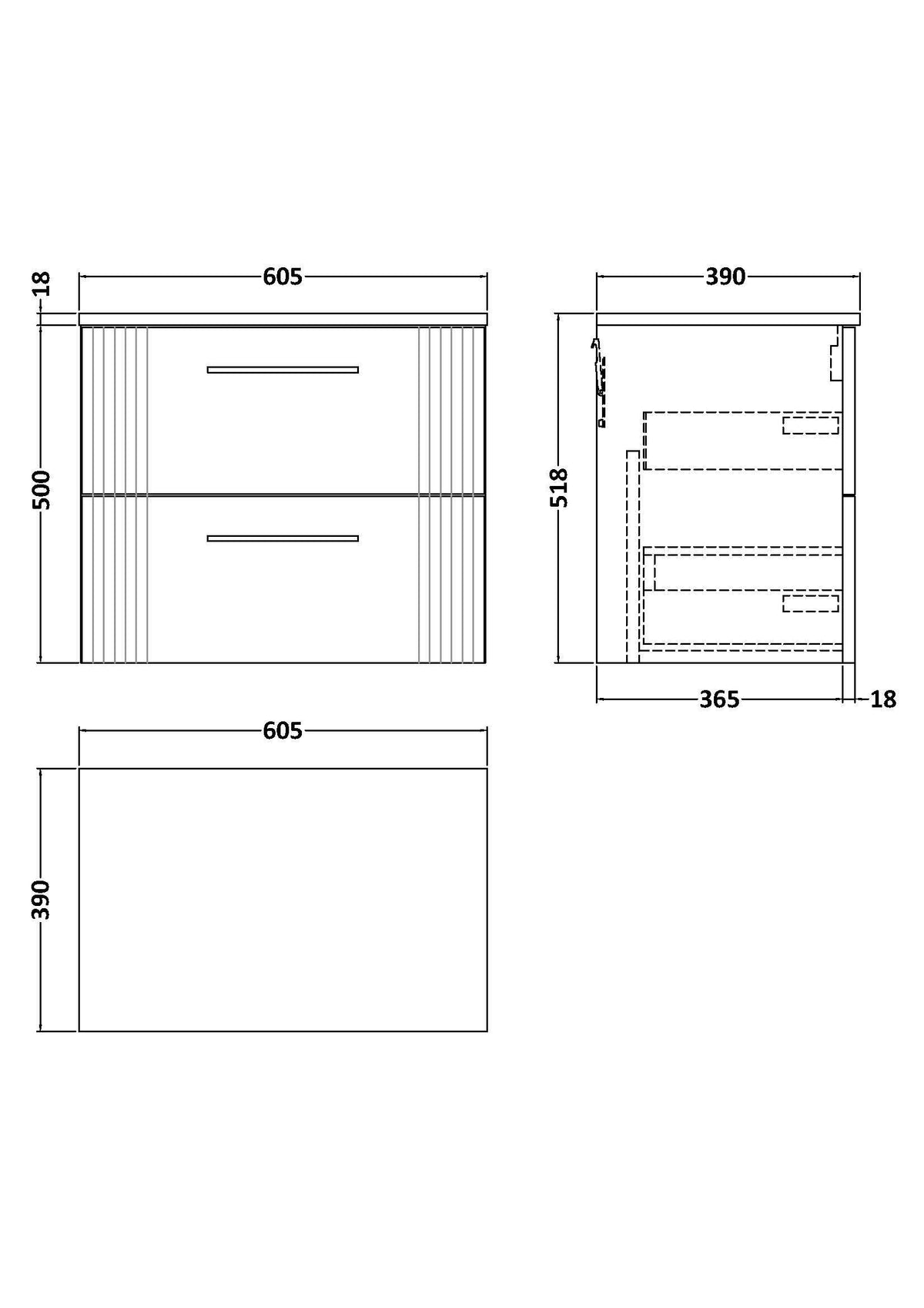 Modern Splash 600mm Satin Green Part Fluted  2 Drawer Wall Hung Vanity & Worktop With Co-ordinating Worktop