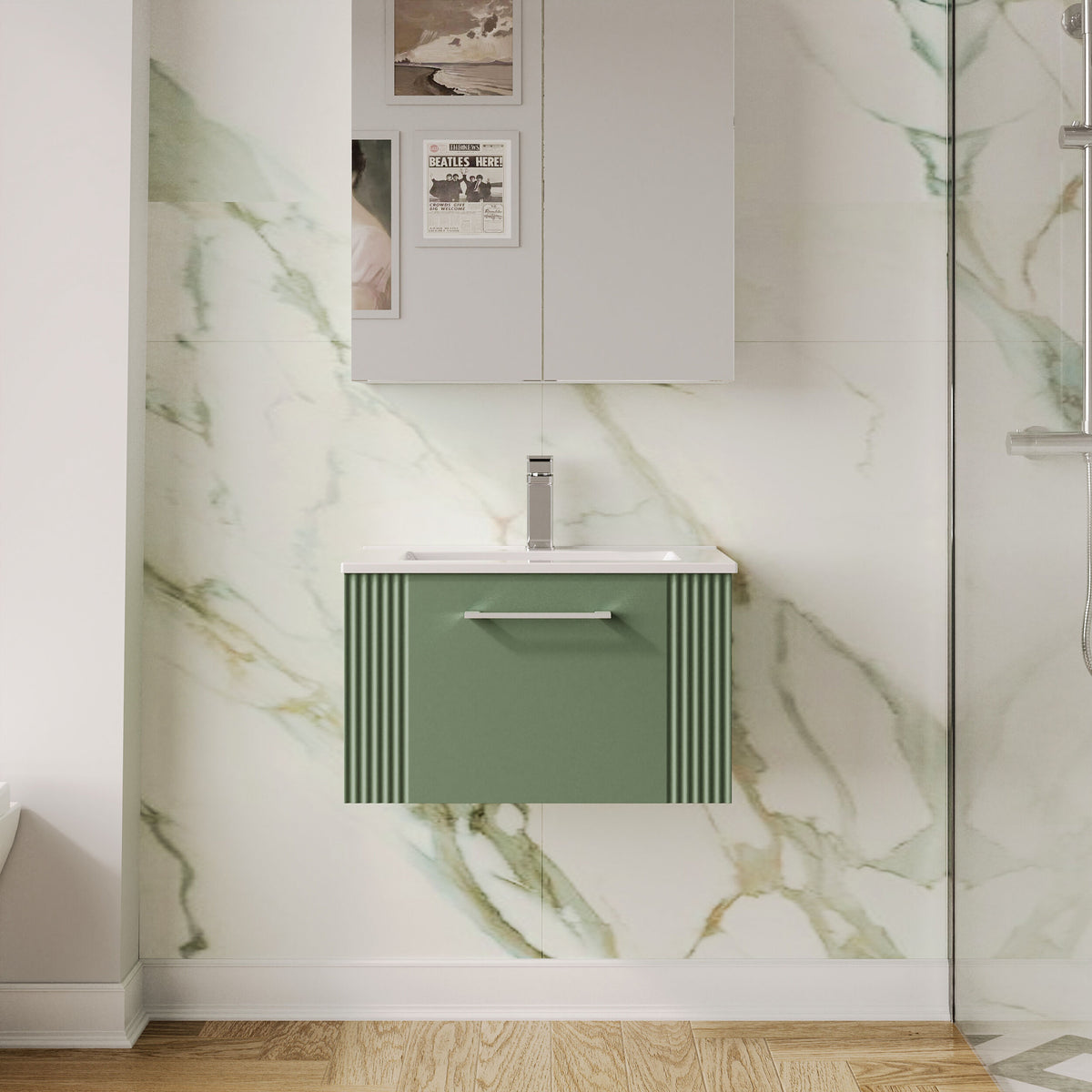 Modern Splash 600mm Satin Green 1 Drawer Wall Hung Vanity Unit With Minimalist Basin