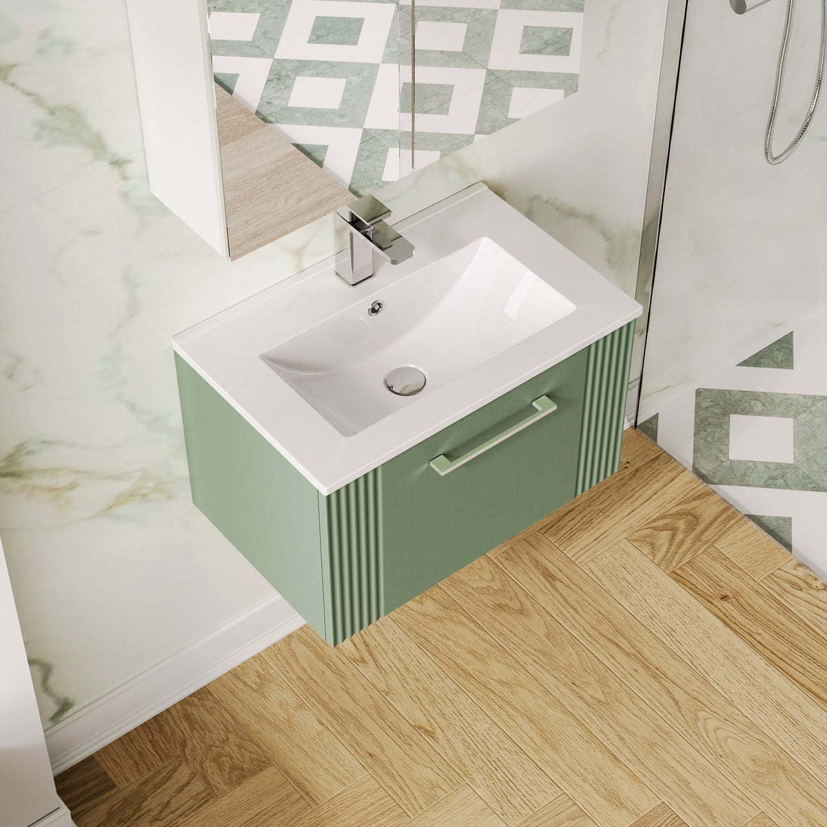 Modern Splash 600mm Satin Green 1 Drawer Wall Hung Vanity Unit With Minimalist Basin