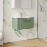Modern Splash 600mm Satin Green 1 Drawer Wall Hung Vanity Unit With Minimalist Basin