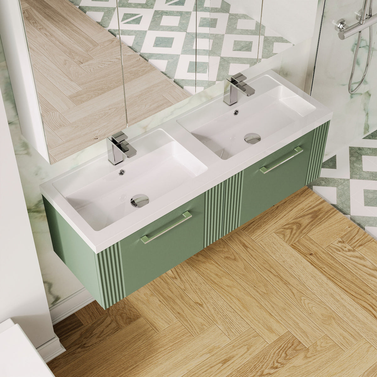 Modern Splash 1200mm Satin Green 2 Drawer Wall Hung Vanity Unit With 2 Tap Hole Polymarble basin