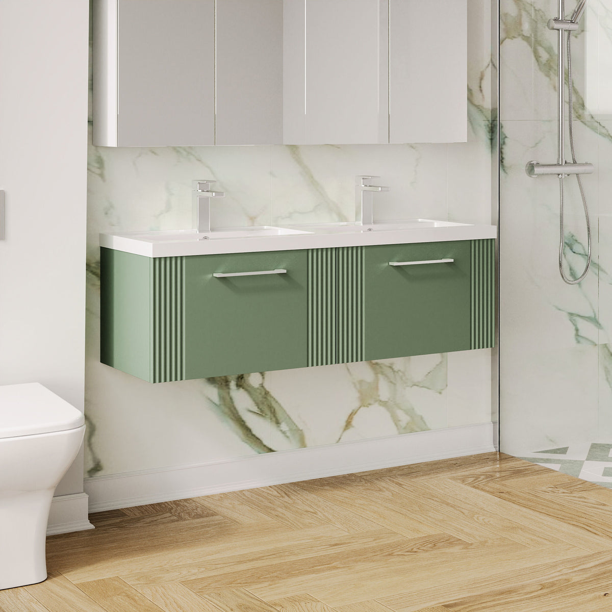 Modern Splash 1200mm Satin Green 2 Drawer Wall Hung Vanity Unit With 2 Tap Hole Polymarble basin