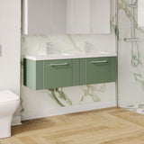 Modern Splash 1200mm Satin Green 2 Drawer Wall Hung Vanity Unit With 2 Tap Hole Polymarble basin