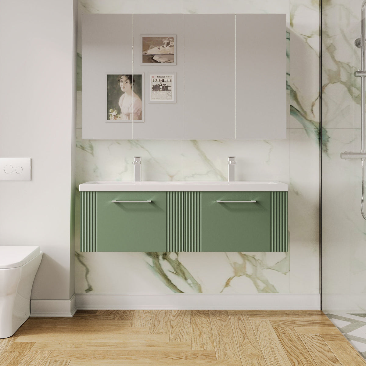 Modern Splash 1200mm Satin Green 2 Drawer Wall Hung Vanity Unit With 2 Tap Hole Ceramic Basin
