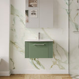 Modern Splash 600mm Satin Green 1 Drawer Wall Hung Vanity Unit With Curved Basin