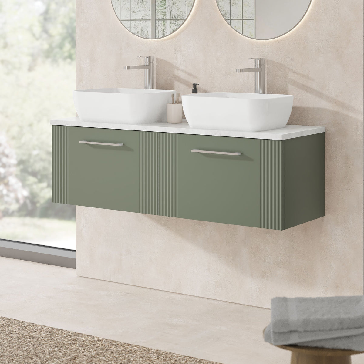 Modern Splash 1200mm Wall Hung Satin Green Part Fluted Vanity Unit With Bellato Grey Worktop