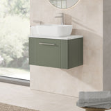 Modern Splash 600mm Satin Green 1 Drawer Wall Hung Vanity With Bellato Grey Worktop