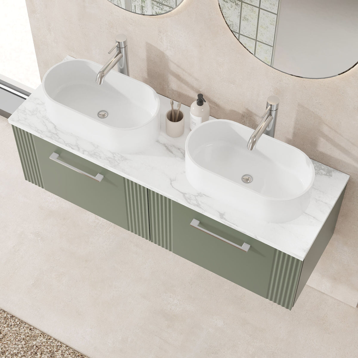 Modern Splash 1200mm Satin Green 2 Drawer Wall Hung Vanity With Carrara Laminate Worktop