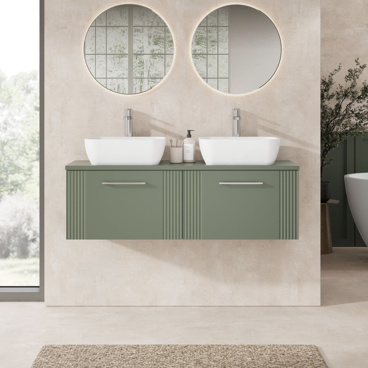 Modern Splash 1200mm Satin Green  Art Deco 2 Drawer Wall Hung Vanity Unit With Co-ordinating Worktop