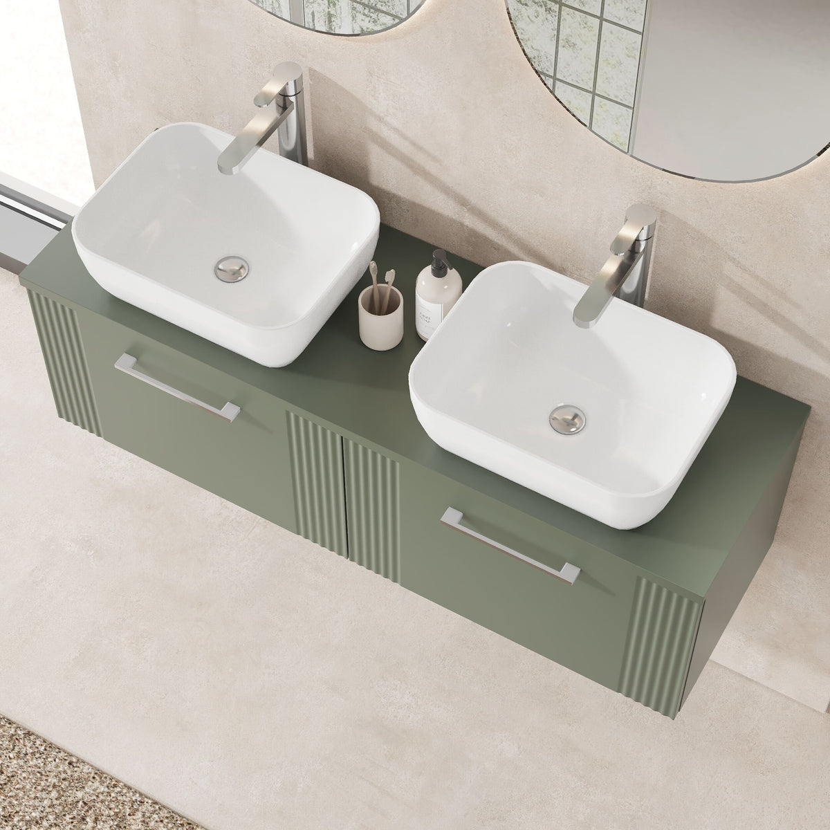 Modern Splash 1200mm Satin Green  Art Deco 2 Drawer Wall Hung Vanity Unit With Co-ordinating Worktop