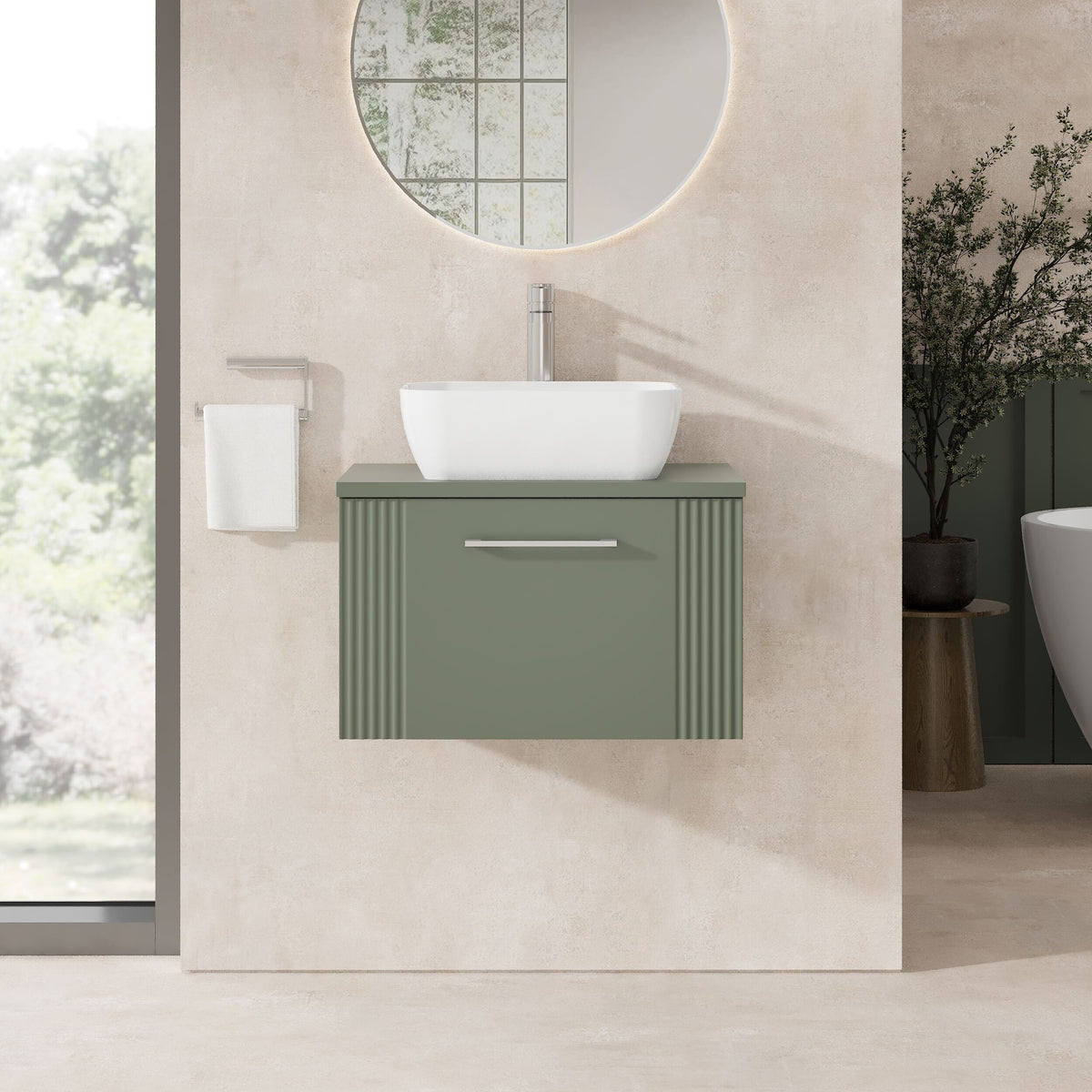 Modern Splash 600mm Satin Green  1 Drawer Wall Hung Vanity Unit With Co-ordinating Worktop