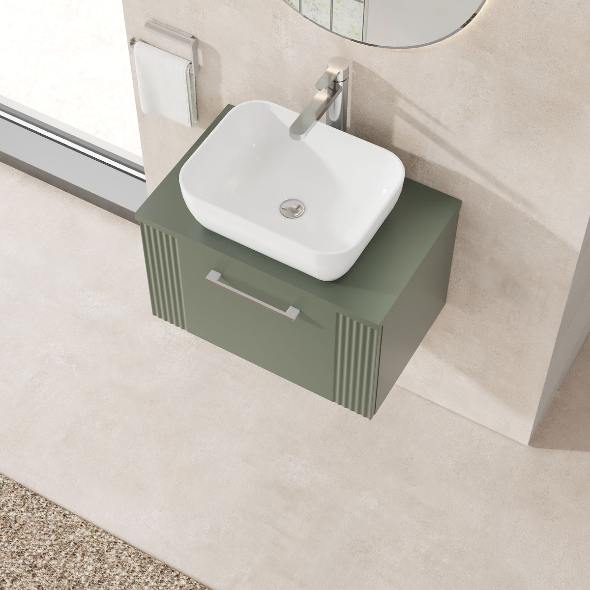 Modern Splash 600mm Satin Green  1 Drawer Wall Hung Vanity Unit With Co-ordinating Worktop
