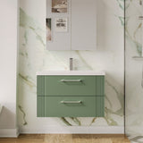 Modern Splash 800mm Satin Green 2 Drawer Wall Hung Vanity Unit With Mid-Edge Basin
