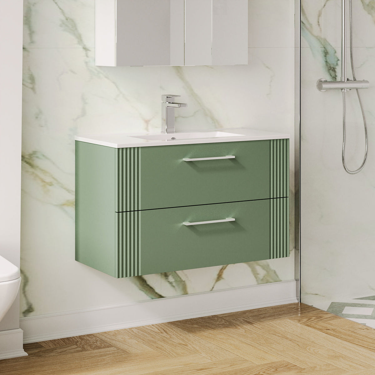 Modern Splash 800mm Satin Green 2 Drawer Wall Hung Vanity Unit With Minimalist Basin