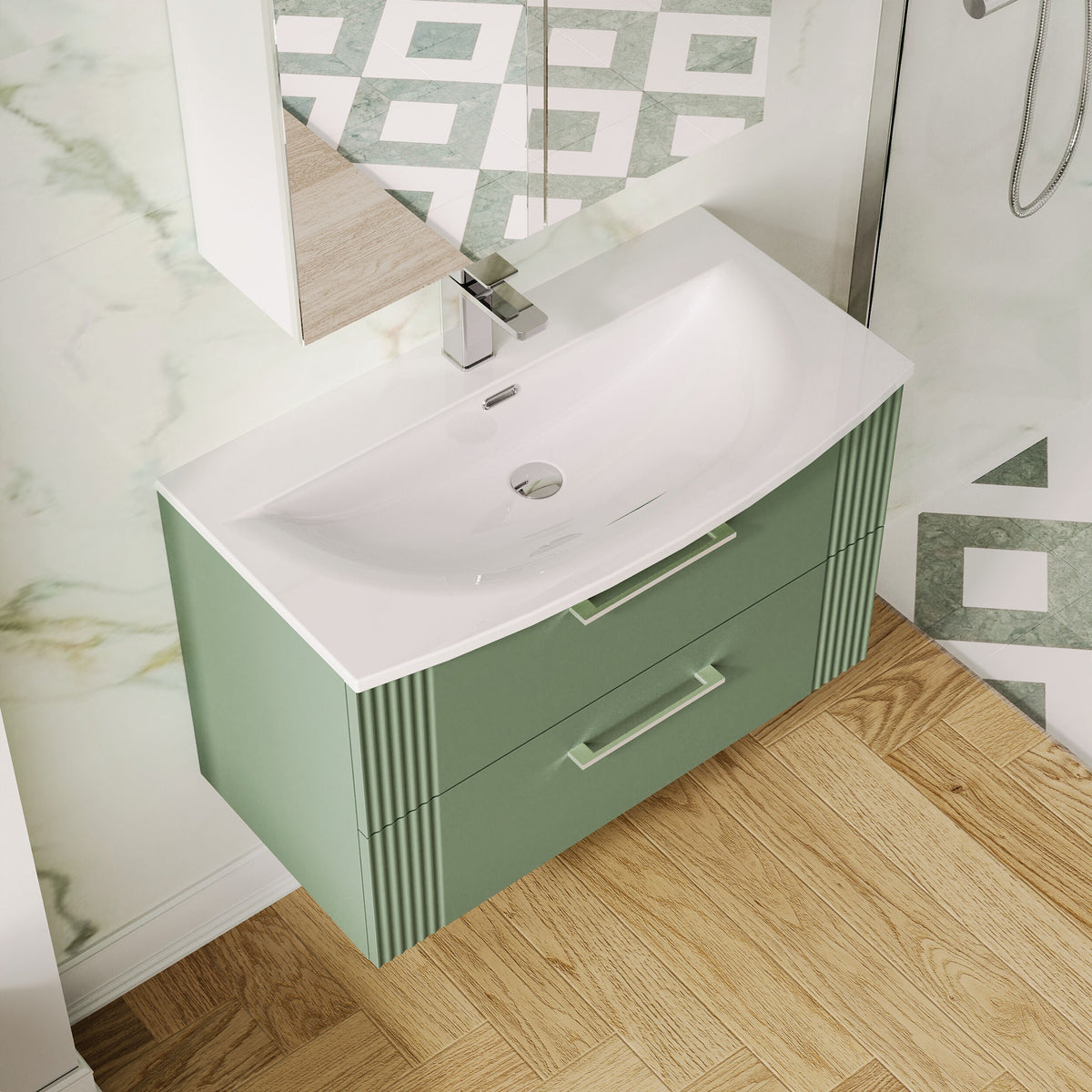 Modern Splash 800mm Satin Green 2 Drawer Wall Hung Vanity Unit With Curved Basin