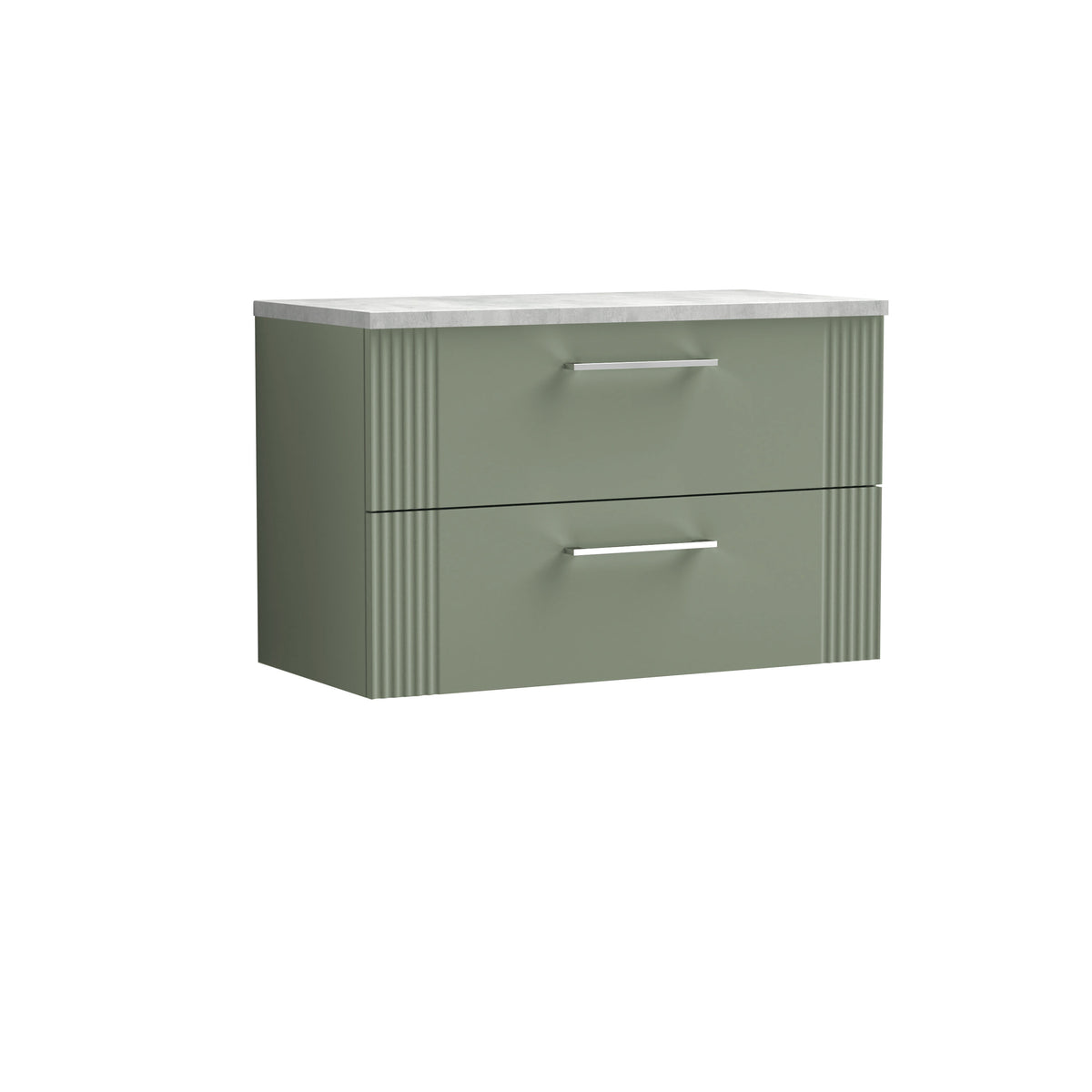 Modern Splash 800mm Satin Green Art Deco 2 Drawer Wall Hung Vanity With Bellato Grey Worktop