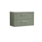 Modern Splash 800mm Satin Green Art Deco 2 Drawer Wall Hung Vanity With Bellato Grey Worktop
