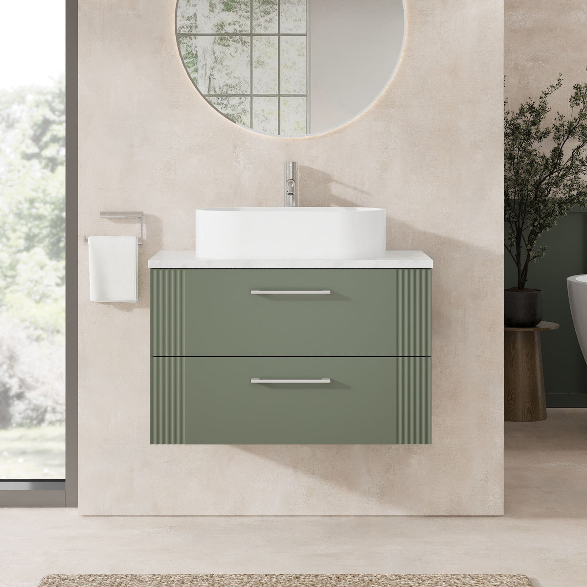 Modern Splash 800mm Satin Green Art Deco 2 Drawer Wall Hung Vanity With Bellato Grey Worktop