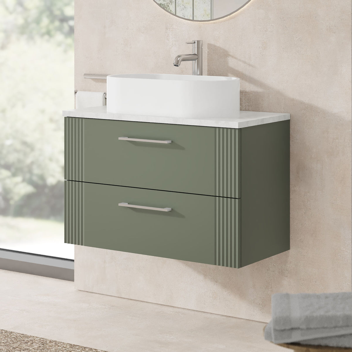Modern Splash 800mm Satin Green Art Deco 2 Drawer Wall Hung Vanity With Bellato Grey Worktop